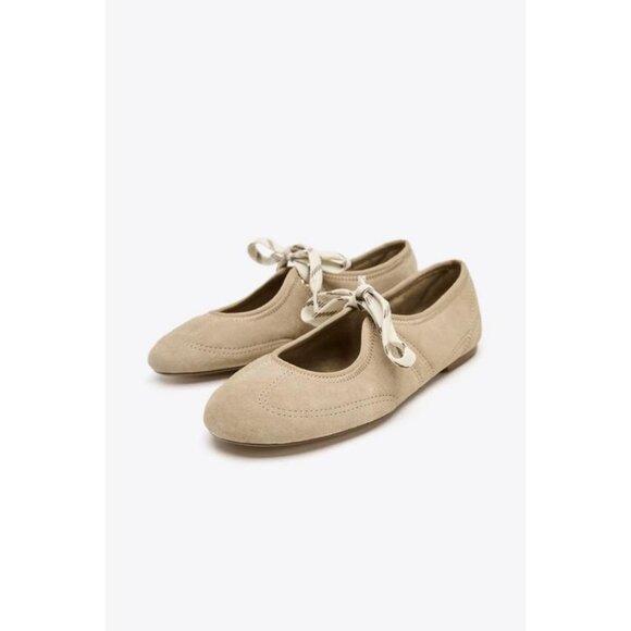 ZARA SPLIT SUEDE LACE-UP BALLERINAS - Picture 1 of 6